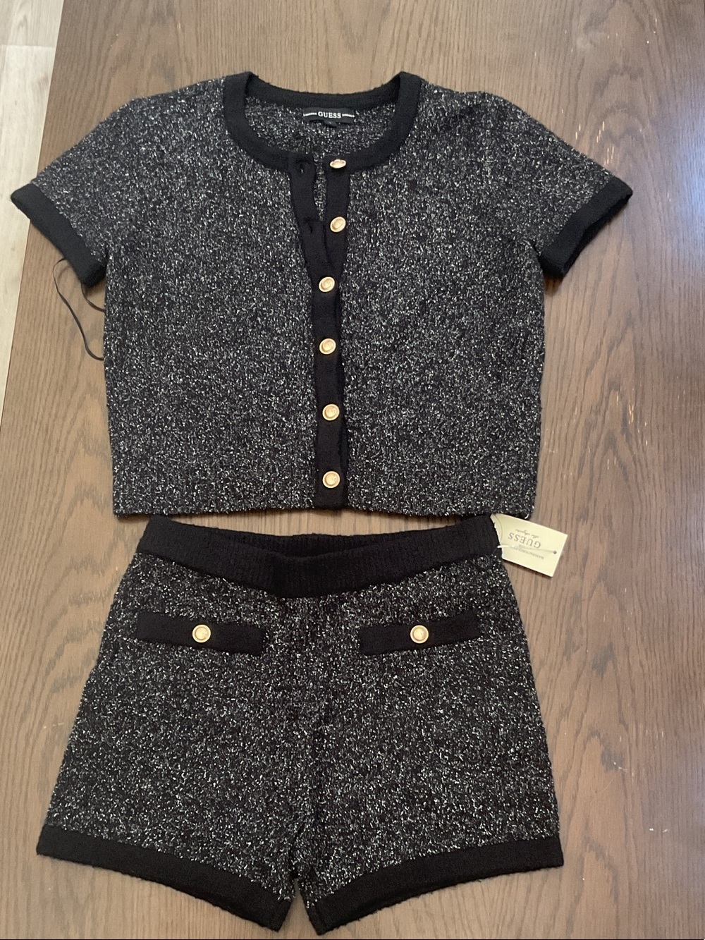 GUESS Black & Silver Tweed Two-Piece Short Set with Gold Buttons
